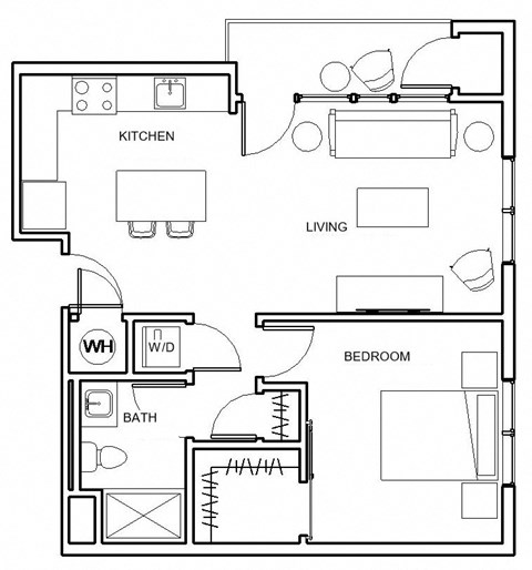 Floor plan for 1 bed, 1 bath, 690 sqft